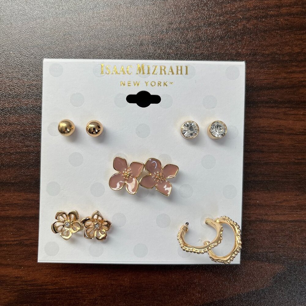 Isaac Mizrahi Earrings 5 pairs Flowers Studs Hoops Fashion Earrings Preppy Chic